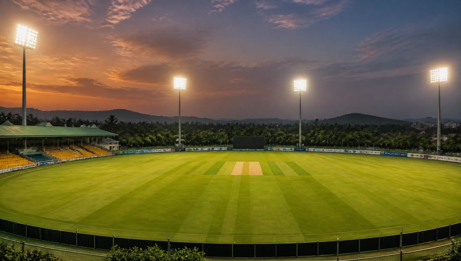 SP Cricket Ground at dusk with floodlight towers lit above the turf square